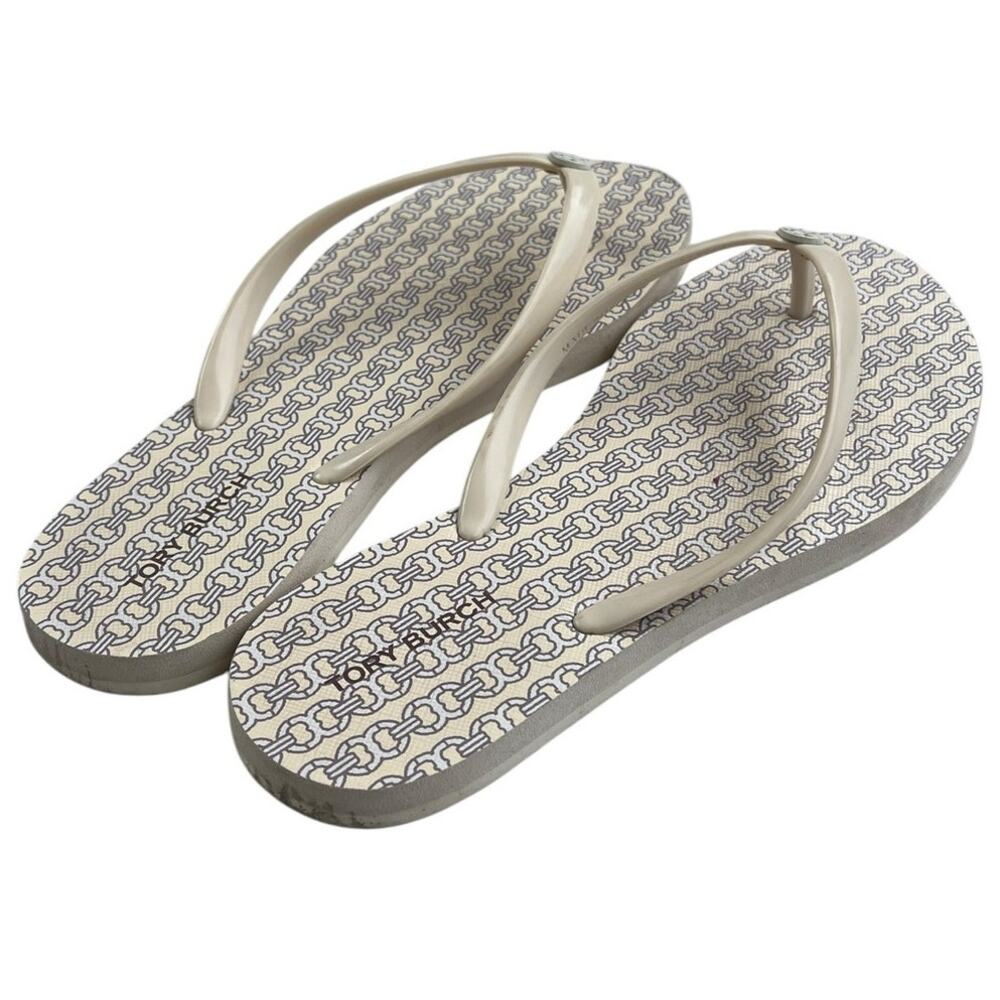 Womens Tory Burch Rubber Flip Flop Sandal 6M White Geometric Beach Outdoor - Picture 3 of 6